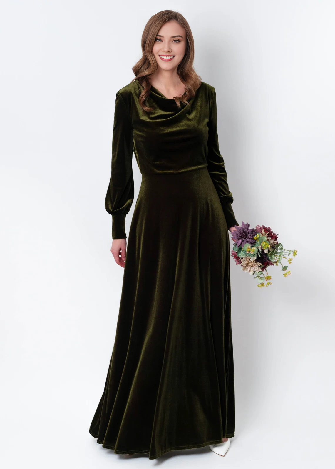 Robe longue en velours vert olive, robe de demoiselle d'honneur en velours, robe d'invitée de mariage, robe en velours fendue en velours, robe longue, robe de soirée